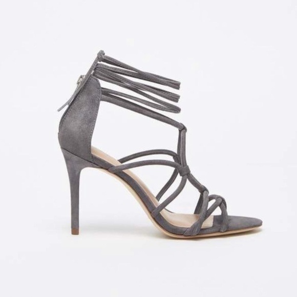 NWT. Halston Heritage Brielle Grey Kid Suede Caged Ankle Tie Stilleto Sandal. - Picture 4 of 8